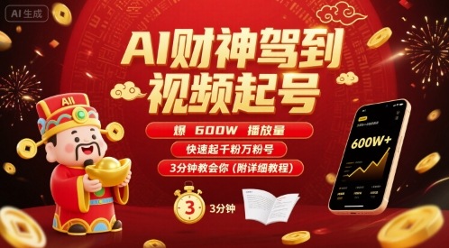AI财神驾到视频起号，爆600W播放量，快速起千粉万粉号，3分钟教会你(附详细教程)-优优云网创