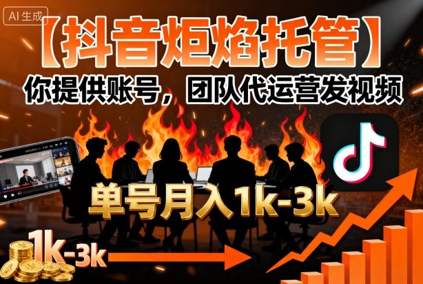 【抖音炬焰托管】你提供账号，团队代运营发视频，单号月入1k+【揭秘】-优优云网创