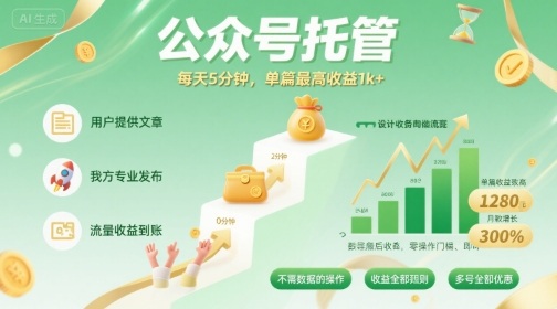 【公众号托管 】我提供文章，你发布，每天5分钟，单篇最高收益1k+【揭秘】-优优云网创
