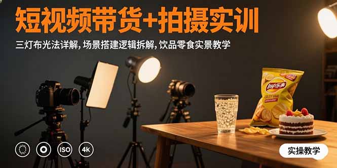 短视频带货+拍摄实训：三灯布光法详解,场景搭建逻辑拆解,饮品零食实景教学-优优云网创