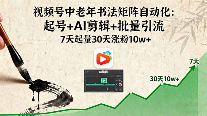 视频号中老年书法矩阵自动化：起号+AI剪辑+批量引流 7天起量30天涨粉10w+-优优云网创