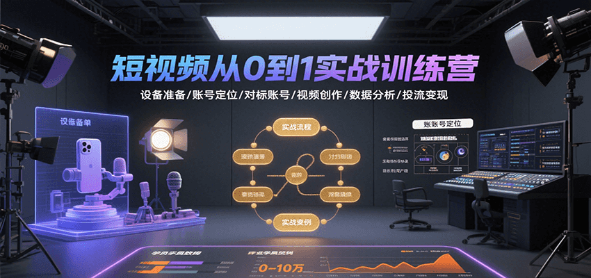 短视频从0到1实战训练营：设备准备/账号定位/对标账号/视频创作/数据分析/投流变现-优优云网创