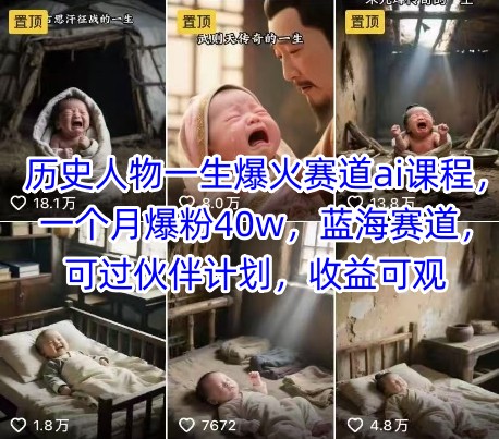 历史人物一生爆火赛道ai课程，一个月爆粉40w，蓝海赛道，可过伙伴计划，收益可观-优优云网创