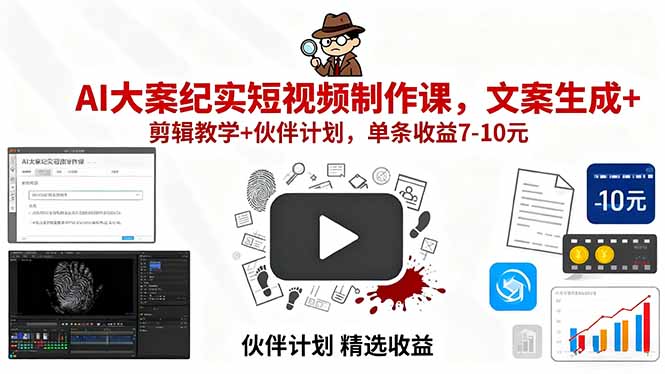 AI大案纪实短视频制作课，文案生成+剪辑教学+伙伴计划，单条收益7-10元-优优云网创