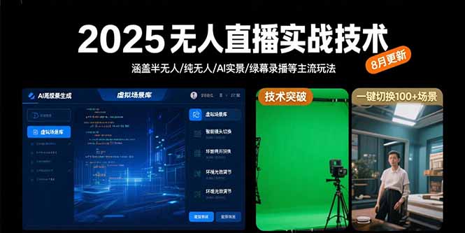 2025无人直播实战技术-8月，涵盖半无人/纯无人/AI实景/绿幕录播等主流玩法-优优云网创