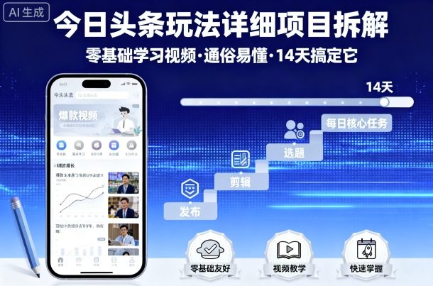 今日头条玩法详细项目拆解，零基础学习视频 通俗易懂 14天搞定它-优优云网创