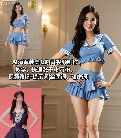 AI海军装美女跳舞视频制作教学，快速涨千粉万粉，视频教程+提示词(绘图词、动作词)-优优云网创